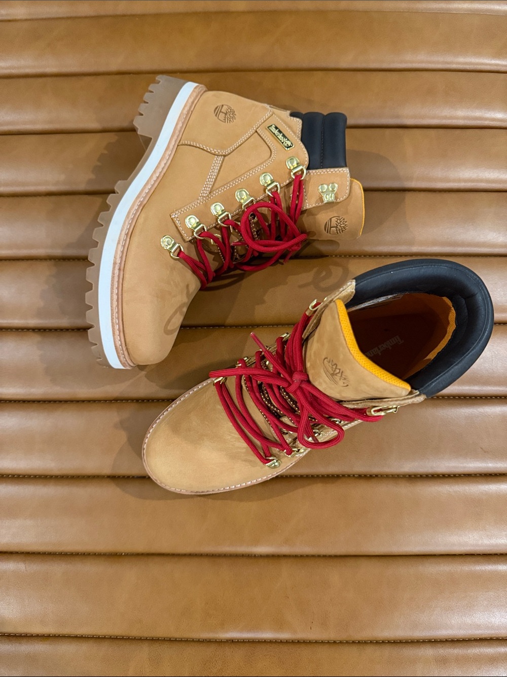 Timberland Wheat Nubuck Boots with Red Laces and Black Collar